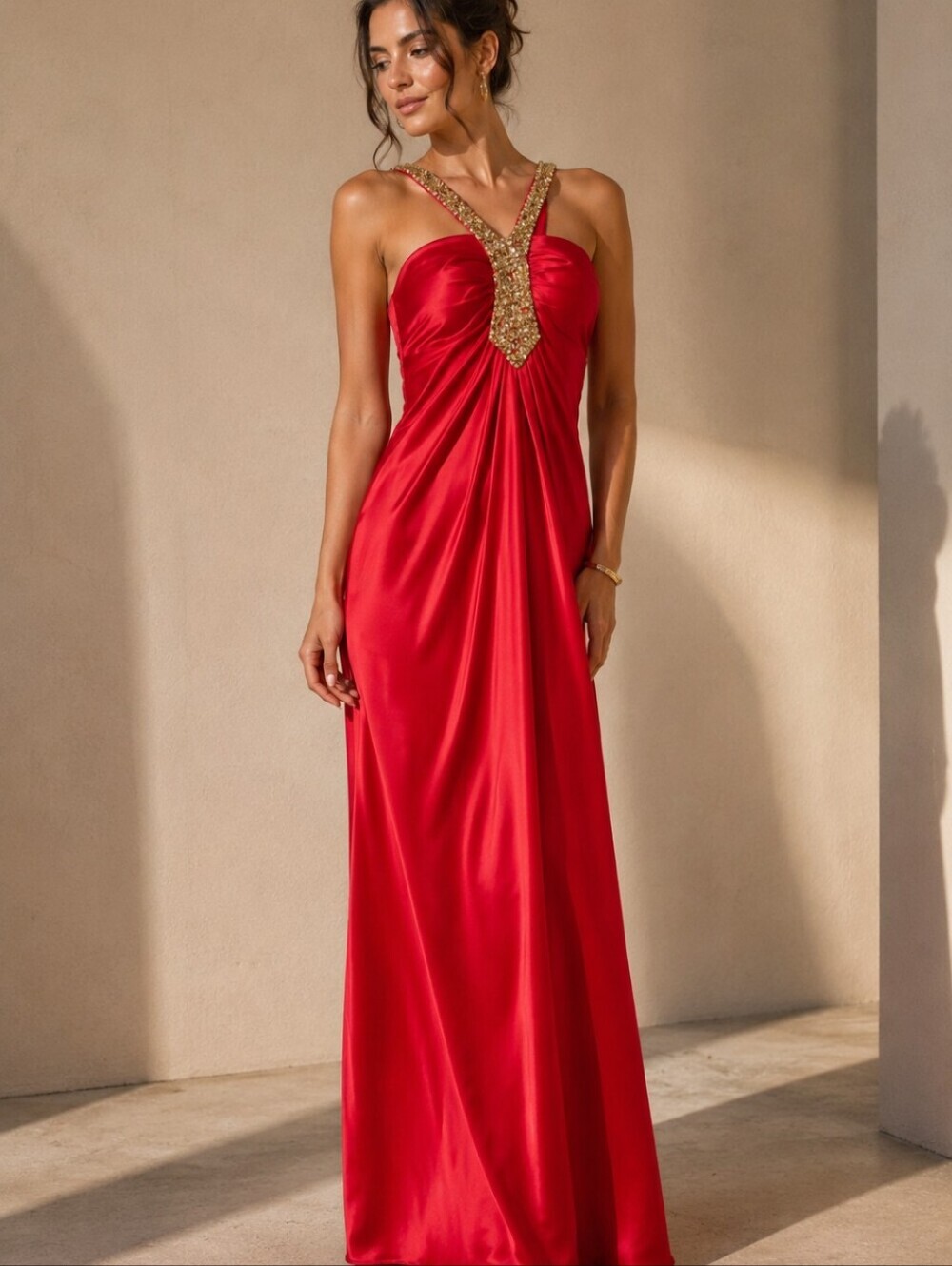 Red Satin Evening Gown Gold Beaded Halter Draped Formal Prom Maxi Dress
